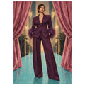 The Feathered Entrance shows a woman in a plum suit with feather-like cuffs standing between rose curtains on an aqua floor.