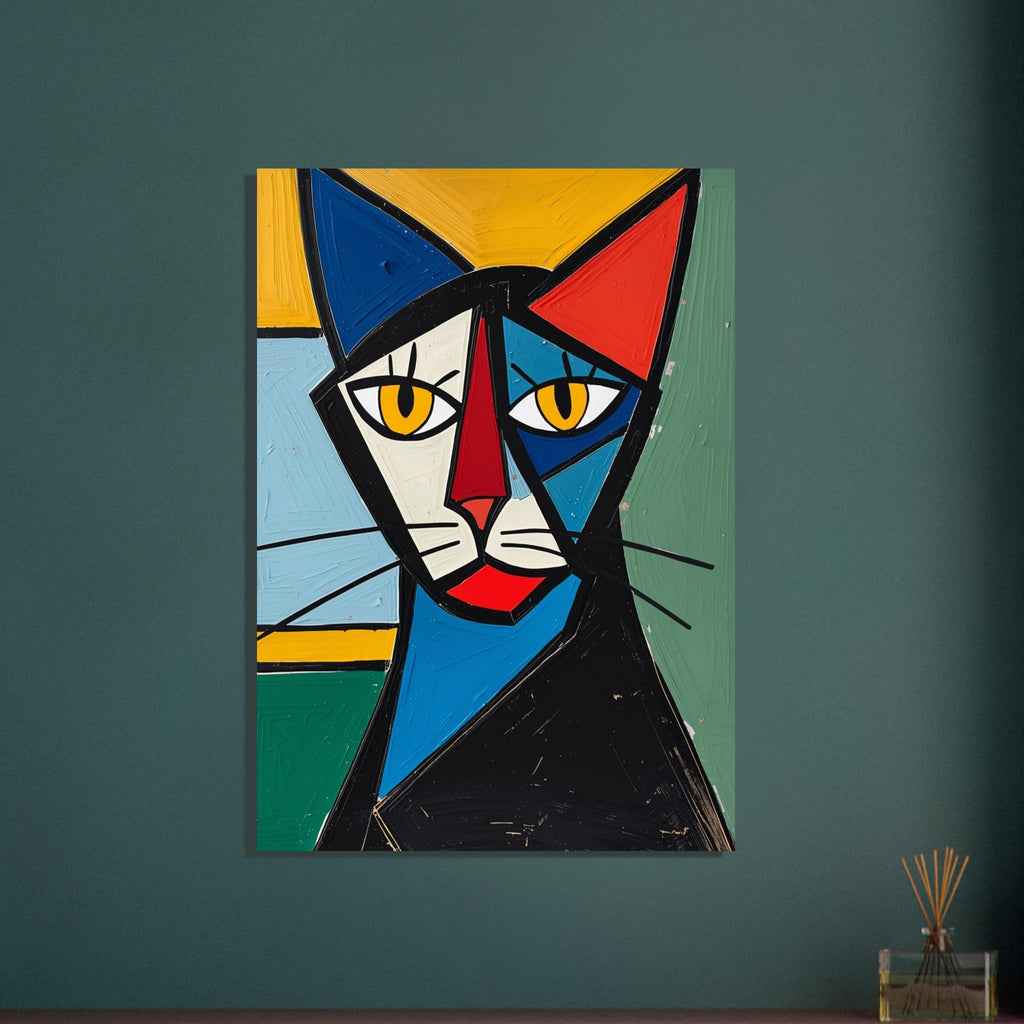 Cubist cat with yellow eyes, angular blue, cream and red features, and black whiskers against a colourful background.