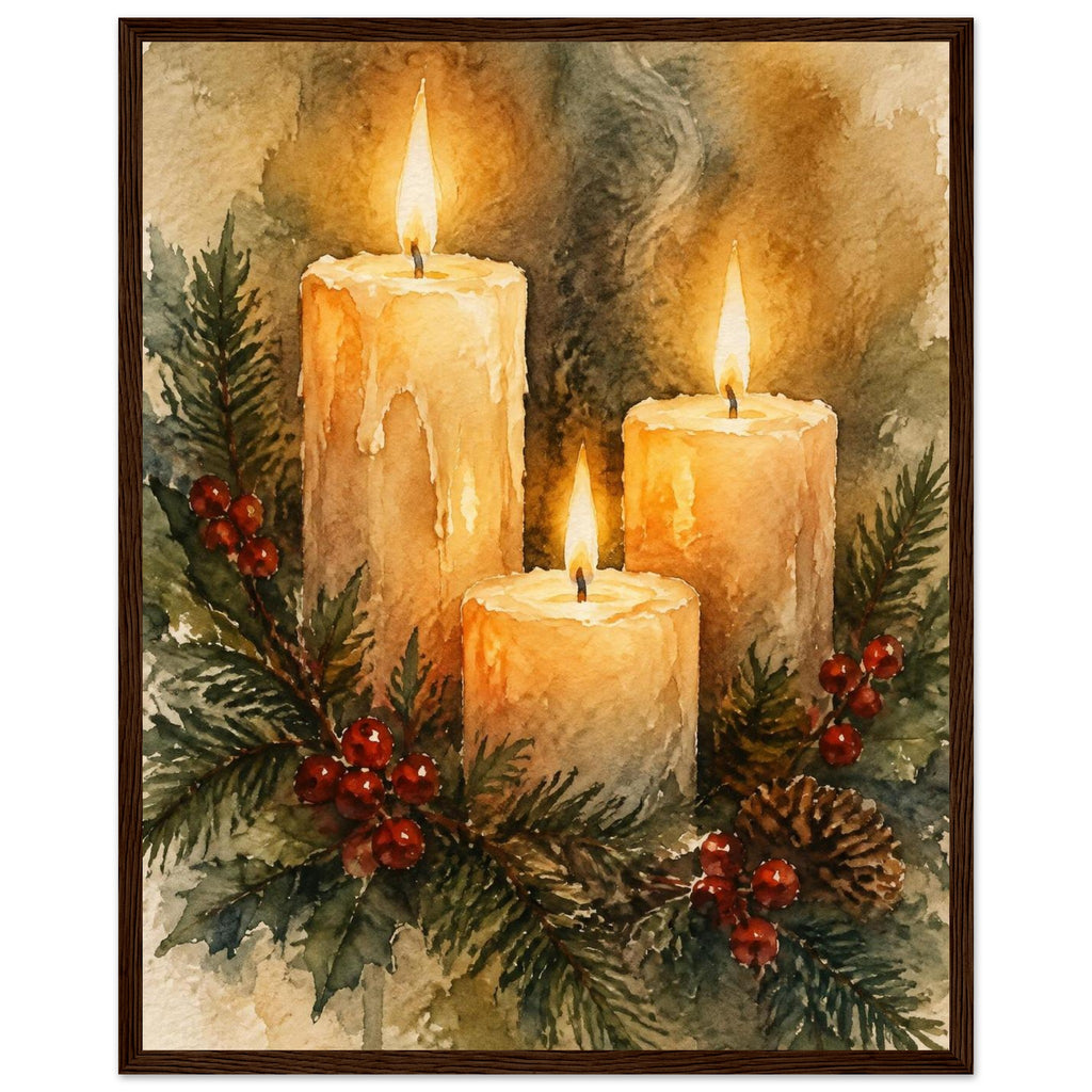Watercolour painting of three lit advent candles with spruce sprigs and red berries