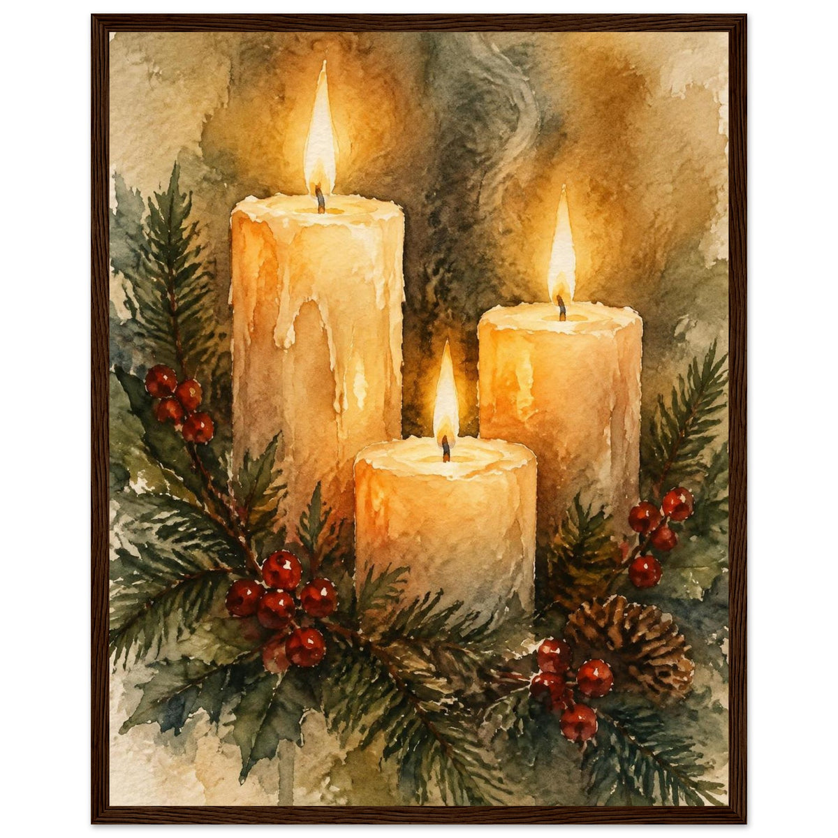 Watercolour painting of three lit advent candles with spruce sprigs and red berries