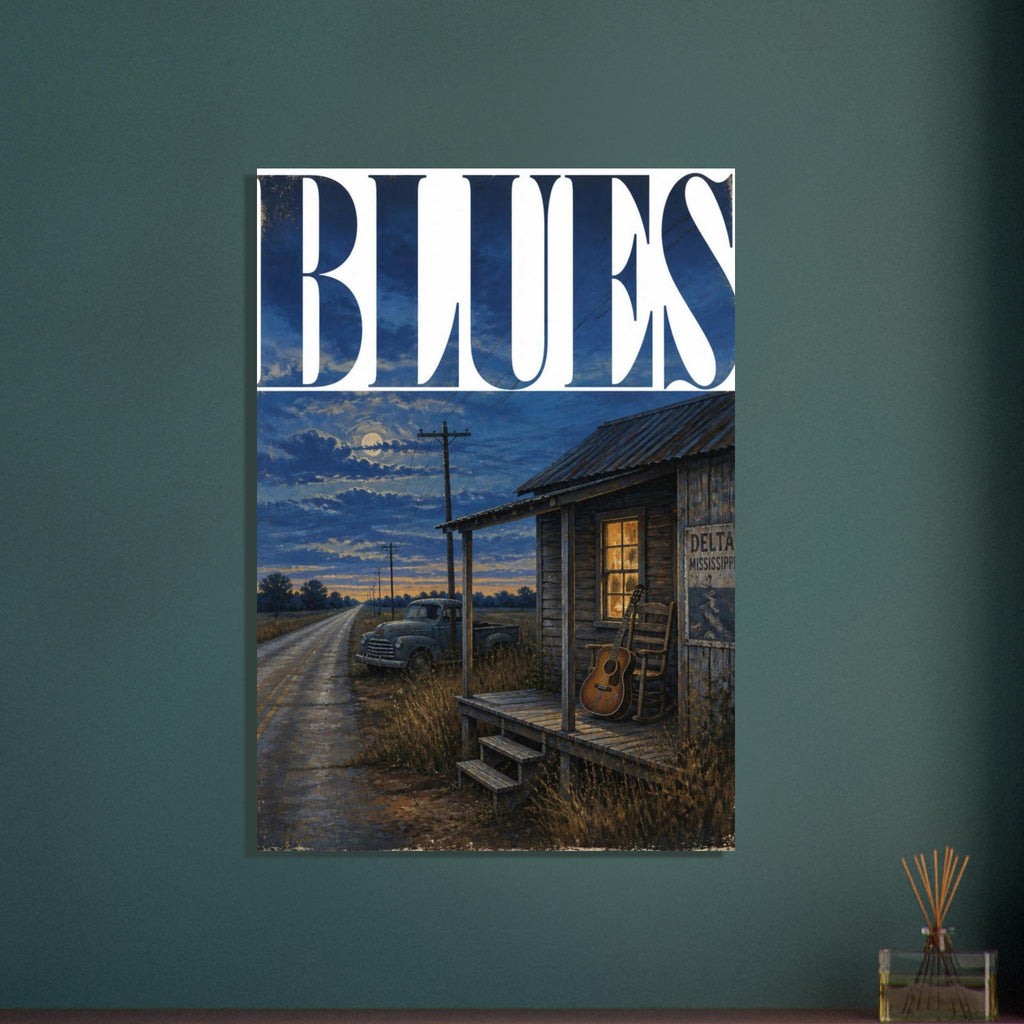 Large BLUES lettering above a moonlit road, old pickup truck and wooden porch with a guitar, rocking chair and lit window.