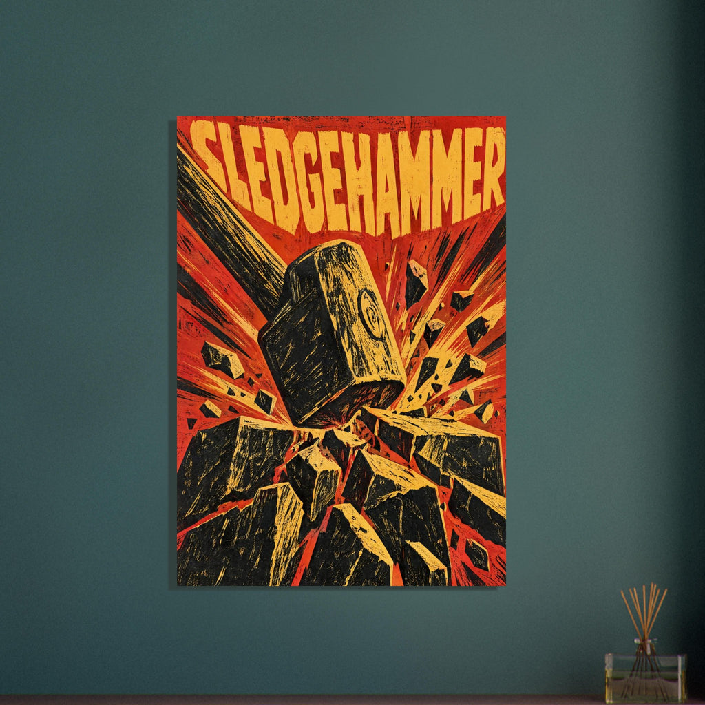 Sledgehammer smashing angular blocks beneath yellow SLEDGEHAMMER lettering, with distressed red, yellow and black graphics.