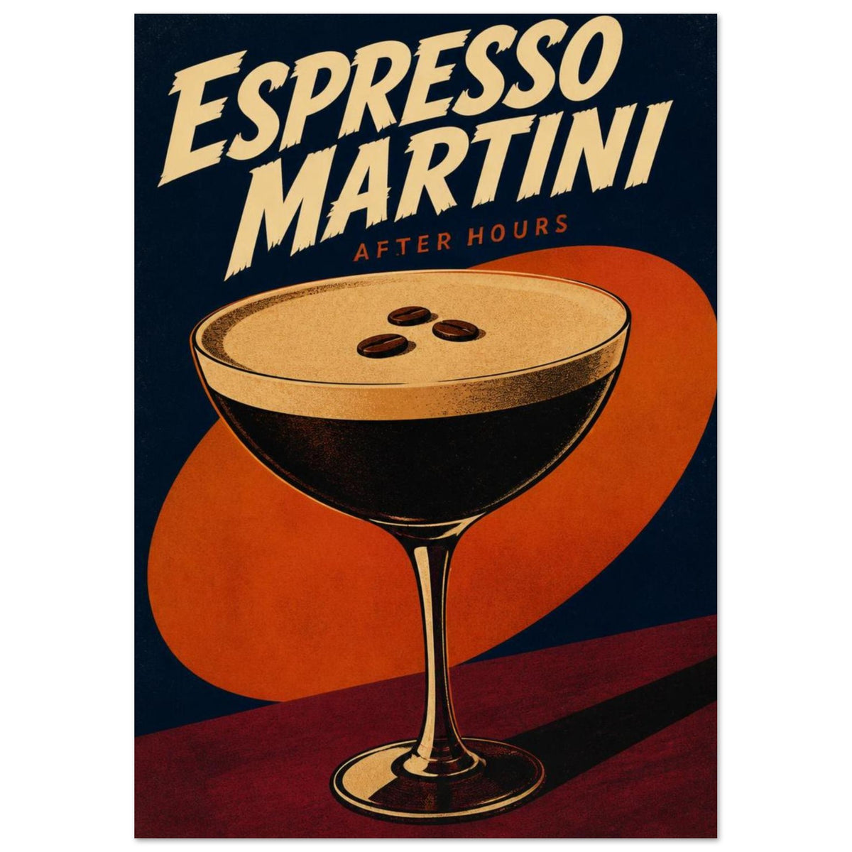 Espresso martini glass with foam and three coffee beans, cream lettering, an orange oval and navy background.