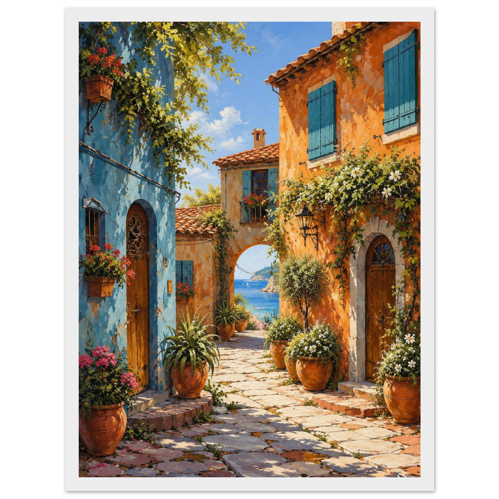 Coastal village lane with blue and orange buildings, potted flowers and a stone archway opening onto a sea view.