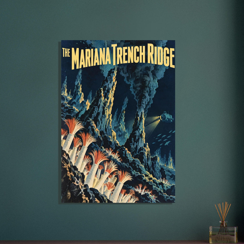 Mariana Trench Ridge poster with yellow lettering, underwater rock spires, dark plumes, orange-tipped tubes and a submersible