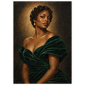 The Velvet Spotlight depicts a woman with short curls in an emerald gown beneath warm oval lighting against charcoal.