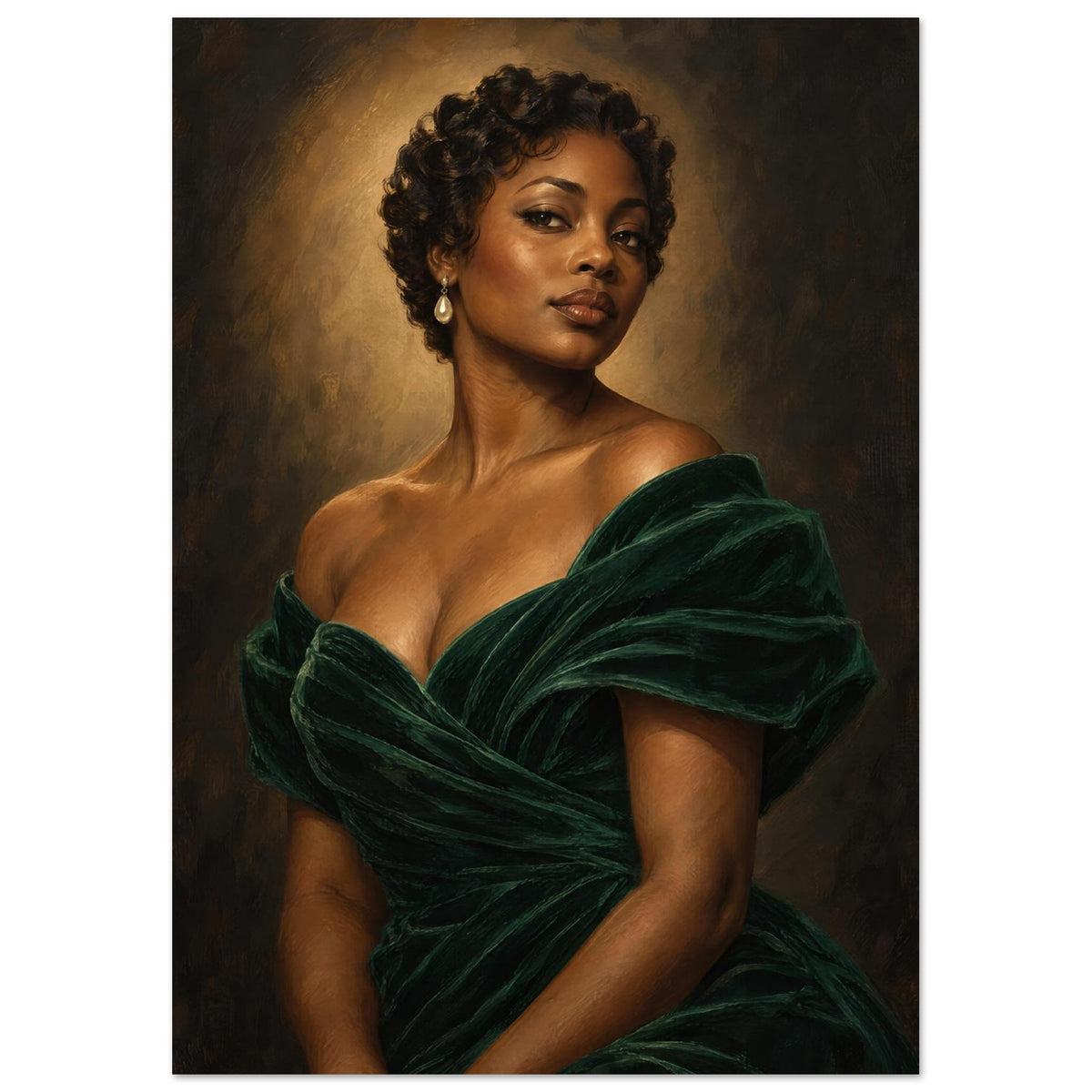 The Velvet Spotlight depicts a woman with short curls in an emerald gown beneath warm oval lighting against charcoal.
