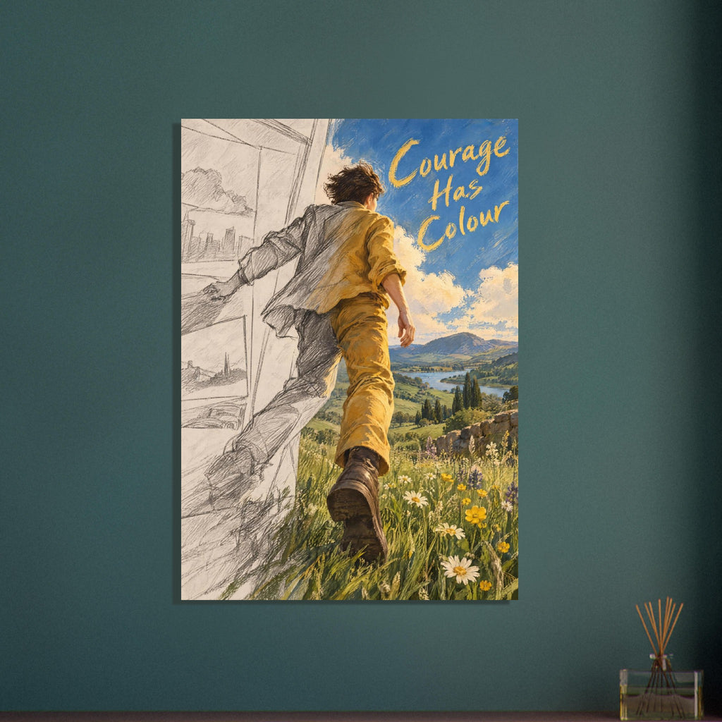 Figure stepping from pencil sketch into a colourful wildflower landscape beneath yellow ‘Courage Has Colour’ lettering.