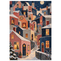 Christmas Eve in Little Windows shows stacked Nordic houses with glowing windows, geometric roofs and thick painted divisions