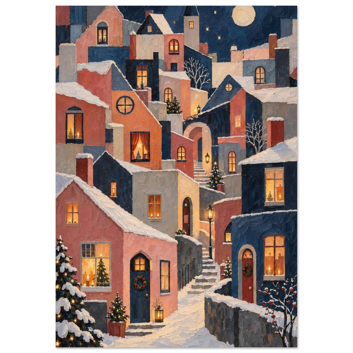 Christmas Eve in Little Windows shows stacked Nordic houses with glowing windows, geometric roofs and thick painted divisions