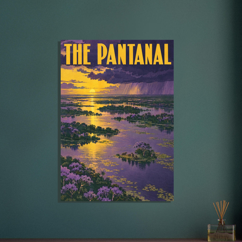 Pantanal floodplain at sunset with purple water, yellow reflections, wooded islands and bold yellow ‘The Pantanal’ lettering.