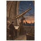 Large brass-toned telescope in an observatory, with a figure studying a chart beneath a blue sky and crescent moon.