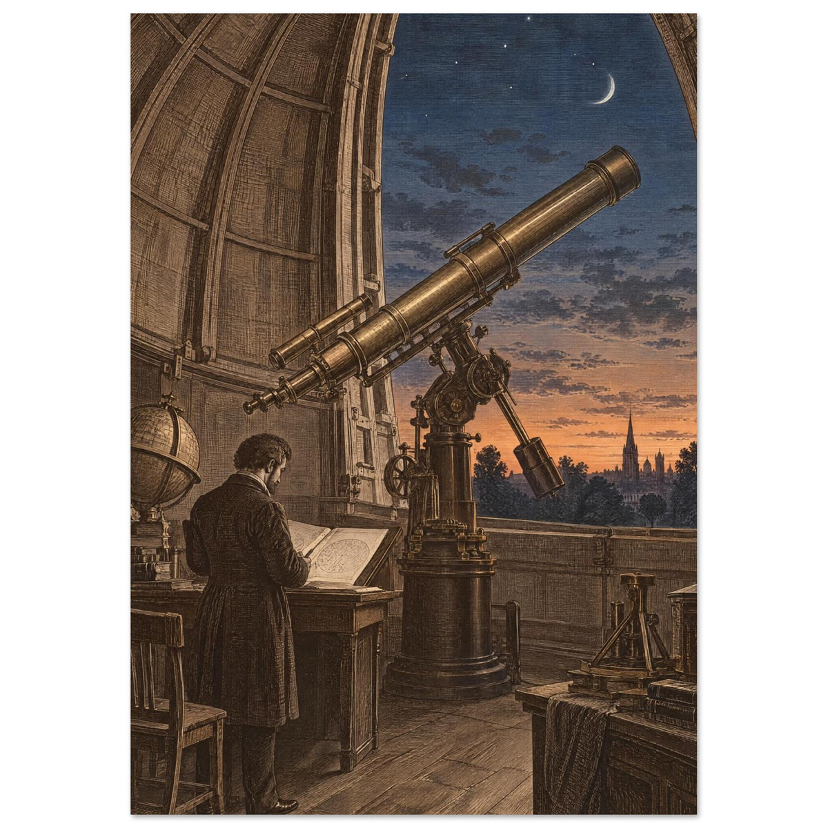Large brass-toned telescope in an observatory, with a figure studying a chart beneath a blue sky and crescent moon.