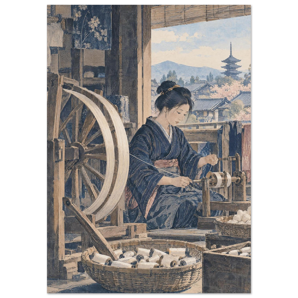 Woman in a blue kimono winding thread beside a wooden wheel, with baskets of spools and a pagoda beyond the window