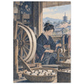 Woman in a blue kimono winding thread beside a wooden wheel, with baskets of spools and a pagoda beyond the window