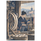 Woman in a blue kimono winding thread beside a wooden wheel, with baskets of spools and a pagoda beyond the window