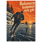Balansen kommer och går visar en långfärdsskridskoåkare på mörk is under en rostorange vinterhimmel.