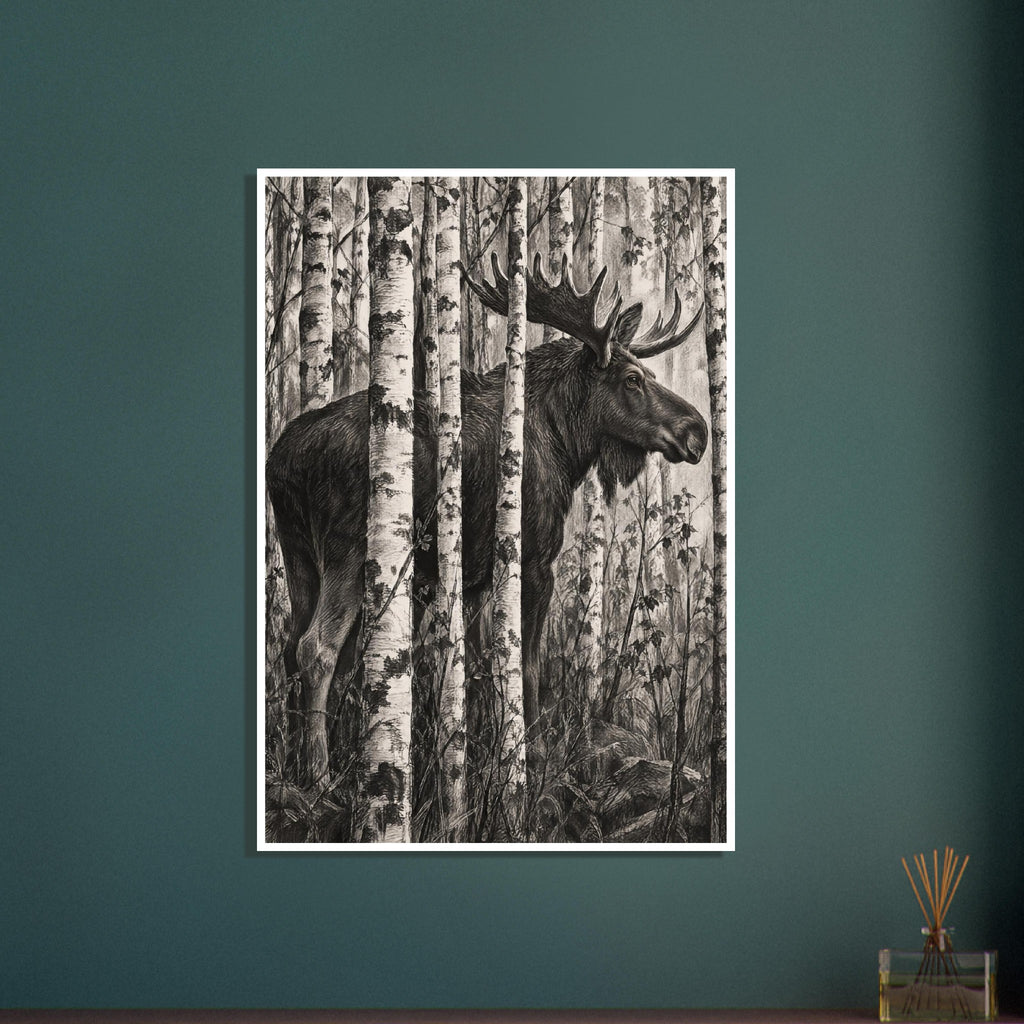 Moose with broad antlers standing among pale birch trunks, with detailed dark shading, thin branches and rocks below.