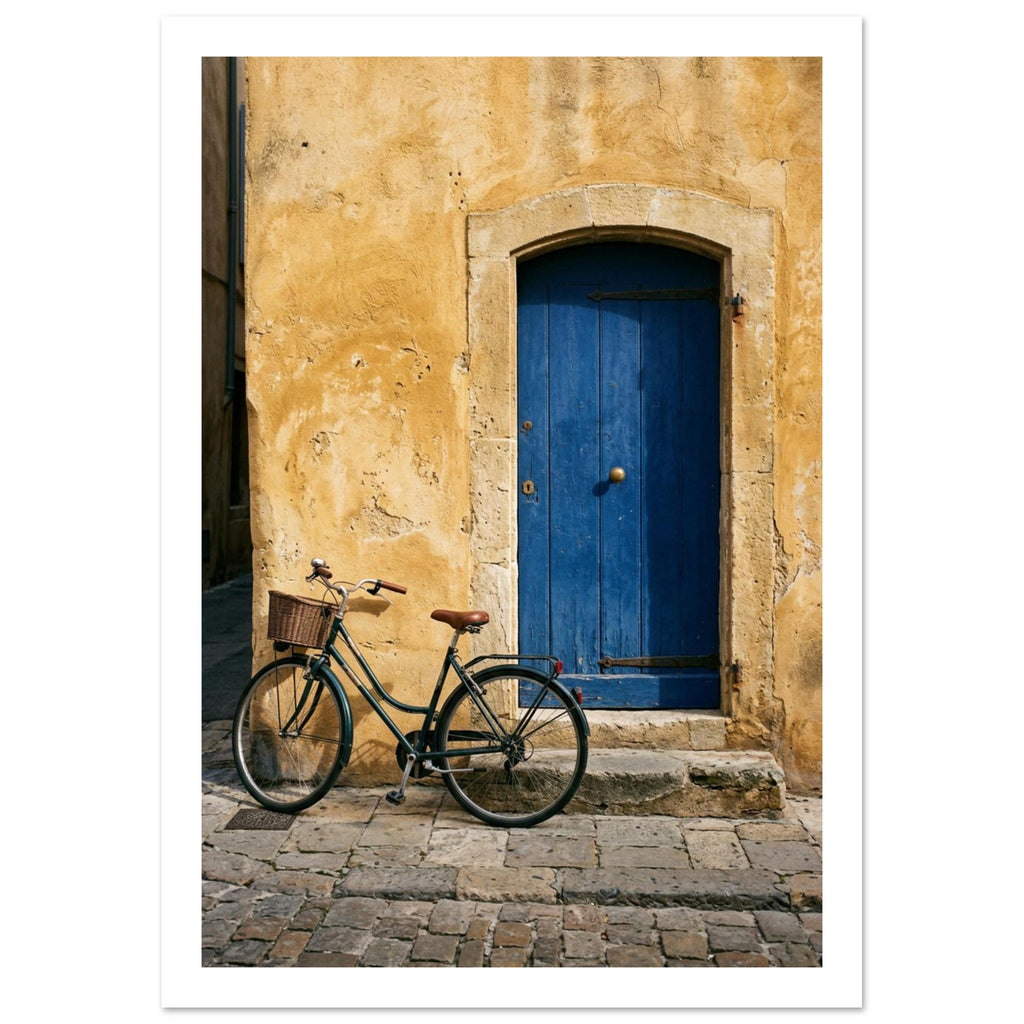 Green bicycle with a woven basket beside a blue wooden door in a golden plaster wall, above worn stone paving.
