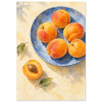 Apricots on a blue plate painted in watercolour, with a halved fruit beside the plate on a buttery cream tabletop.