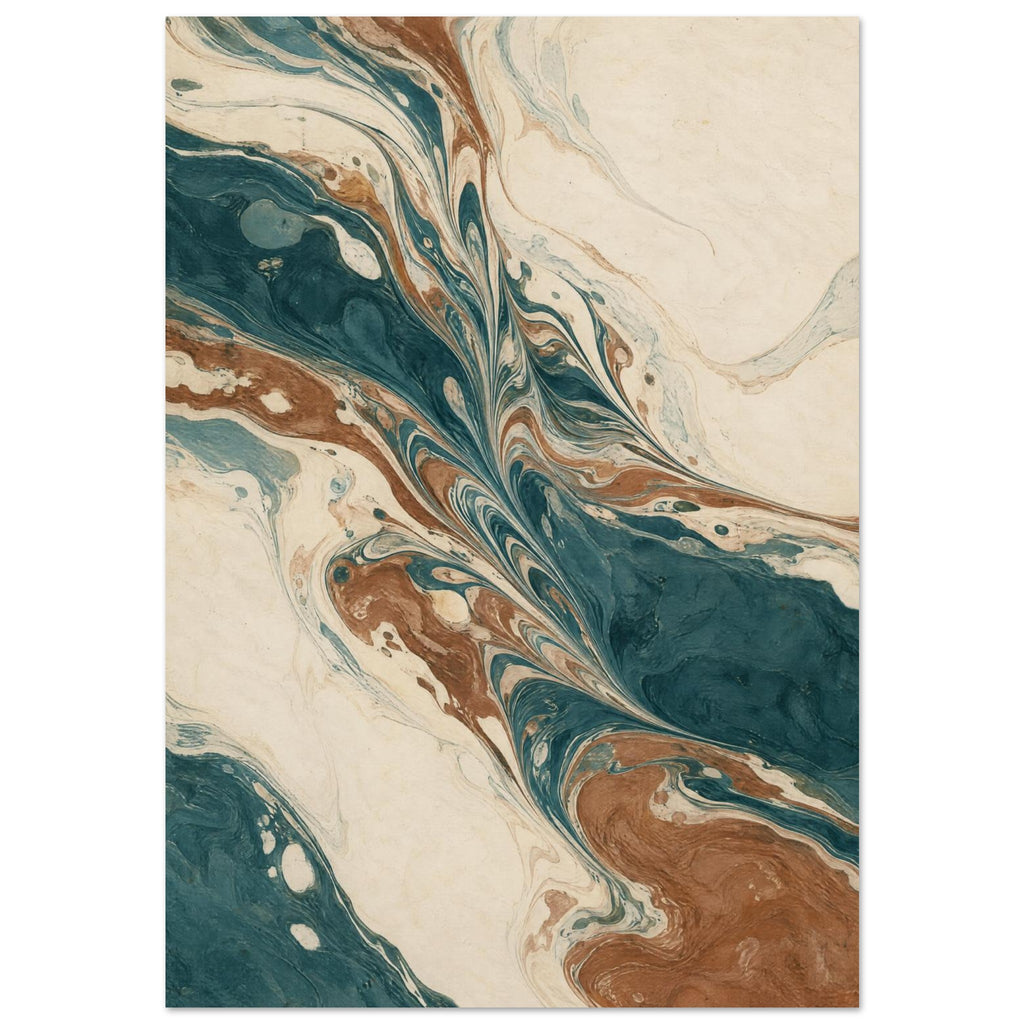 Teal, cream and brown marbled swirls with fine feathered lines flowing diagonally across a vertical composition.