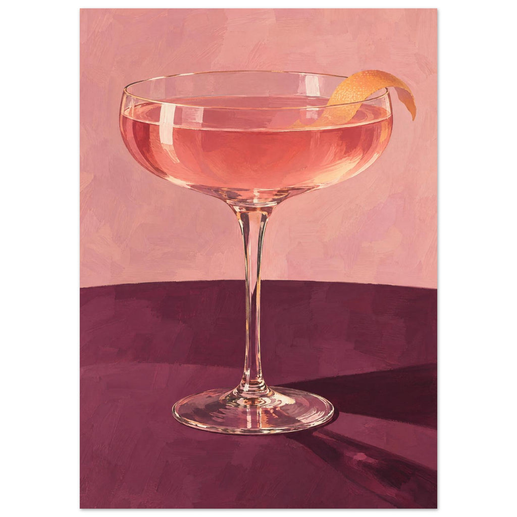 Coupe glass holding a pink cocktail with orange peel on a burgundy table against a textured pink background.