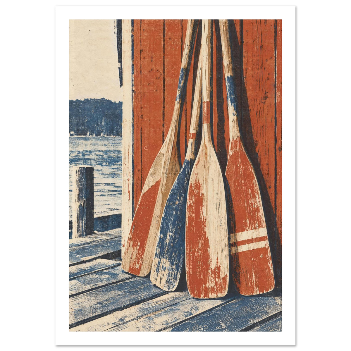 Wooden Oars Vintage Style Art Print – White Border