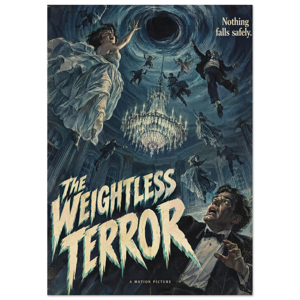 Floating people and a chandelier beneath a blue vortex, with distressed cream lettering reading ‘The Weightless Terror’.