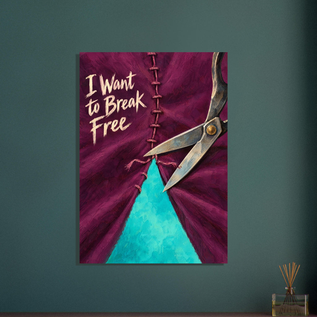 Scissors cutting a stitched burgundy seam to reveal turquoise, beside cream lettering reading “I Want to Break Free”.