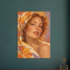 Marigold Close-Up portrays a freckled woman with auburn curls framed by a silk scarf patterned with large mustard petals.