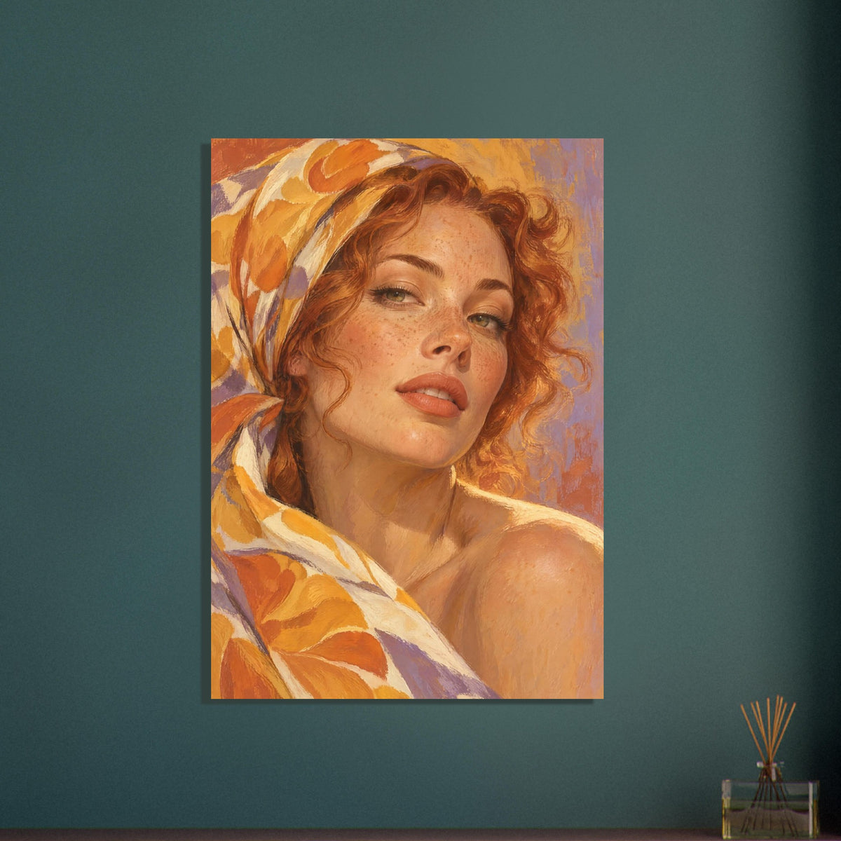 Marigold Close-Up portrays a freckled woman with auburn curls framed by a silk scarf patterned with large mustard petals.