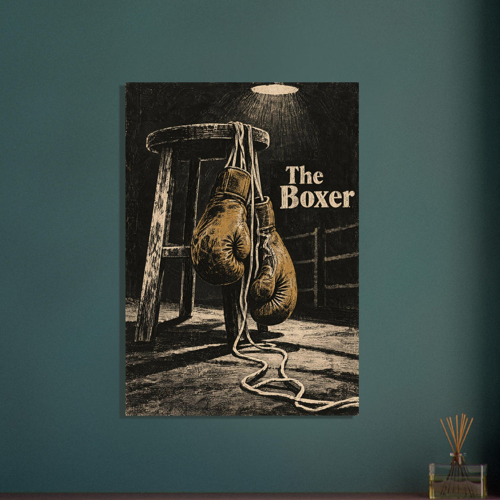 Brown boxing gloves hanging from a wooden stool beneath a lamp, with ring ropes and cream ‘The Boxer’ lettering.