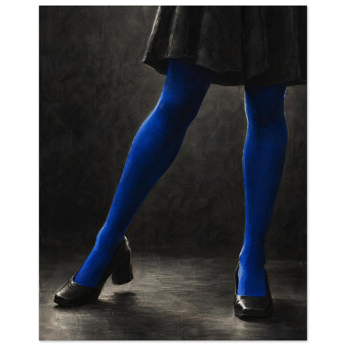 Cobalt Stockings, cropped legs in blue tights and black shoes forming an angular pose against a charcoal studio background.