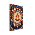 Singers holding open songbooks circle a bonfire, surrounded by ornate geometric patterns in navy, orange and cream.