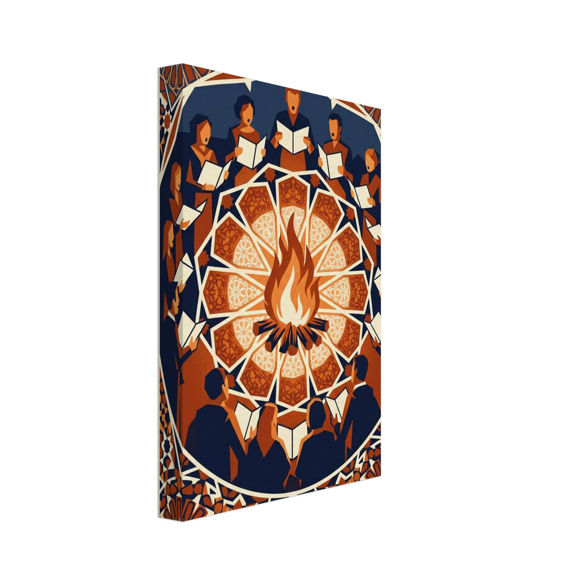 Singers holding open songbooks circle a bonfire, surrounded by ornate geometric patterns in navy, orange and cream.