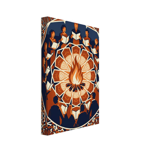 Singers holding open songbooks circle a bonfire, surrounded by ornate geometric patterns in navy, orange and cream.
