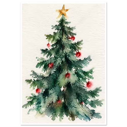 Watercolour Christmas tree with green branches, red baubles and a golden star on a textured cream background.
