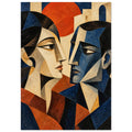 Two angular faces looking towards each other in blue, cream and orange, with pale buildings and a large orange disc behind.