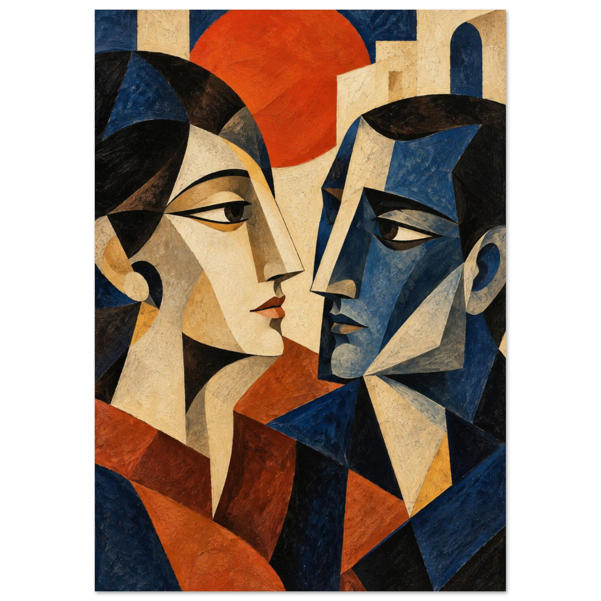 Two angular faces looking towards each other in blue, cream and orange, with pale buildings and a large orange disc behind.