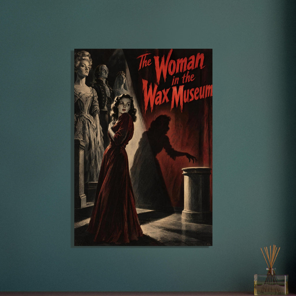 Woman in a red gown beside pale costumed figures and a reaching shadow, beneath red ‘The Woman in the Wax Museum’ lettering.