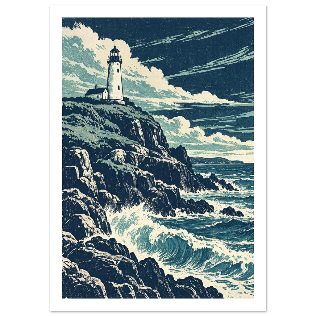Lighthouse on rugged cliffs above breaking blue waves, beneath sweeping cream clouds in a textured navy sky.