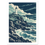 Lighthouse on rugged cliffs above breaking blue waves, beneath sweeping cream clouds in a textured navy sky.