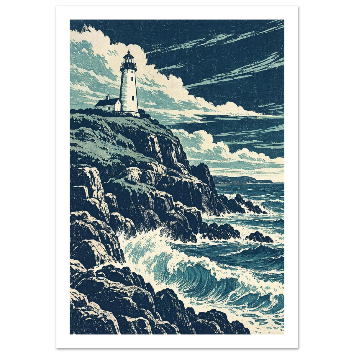 Lighthouse on rugged cliffs above breaking blue waves, beneath sweeping cream clouds in a textured navy sky.