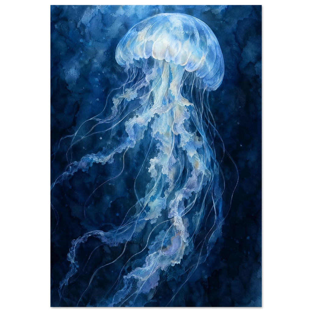 Pale blue jellyfish with a translucent bell and long, rippling tentacles against a deep blue watercolour background.