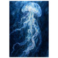 Pale blue jellyfish with a translucent bell and long, rippling tentacles against a deep blue watercolour background.