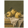 Three yellow quinces with dark leaves on folded cream linen, set on a rustic ledge against an olive green background.