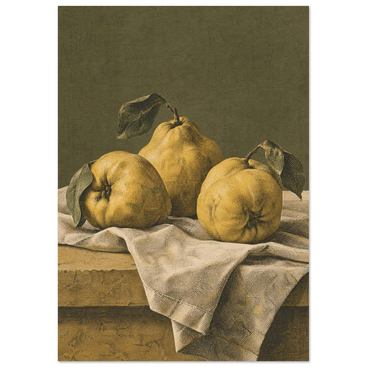 Three yellow quinces with dark leaves on folded cream linen, set on a rustic ledge against an olive green background.