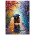 Two capybaras beneath a blue umbrella on a reflective wet path, framed by red and orange leaves in a painterly scene.