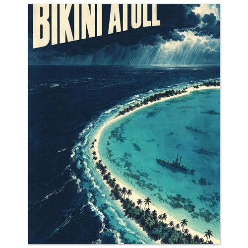 Bikini Atoll lettering above storm clouds, dark ocean and a palm-lined turquoise lagoon with submerged ship silhouettes.