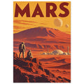 Mars lettering above an orange mountain landscape, two astronauts, a domed settlement and two celestial bodies.